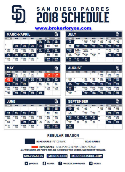 San Diego Padres 2018 Schedule 